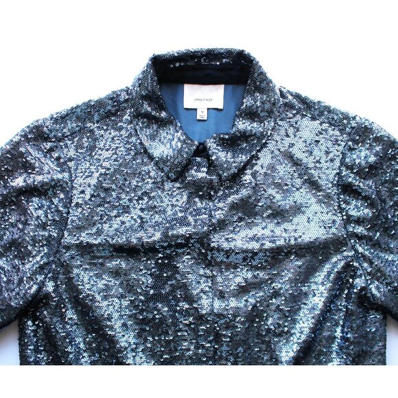 Cinq à Sept Isha Sequin Point Collar Shirt / Medium / Onyx Blue Blouse Holiday - Picture 7 of 12